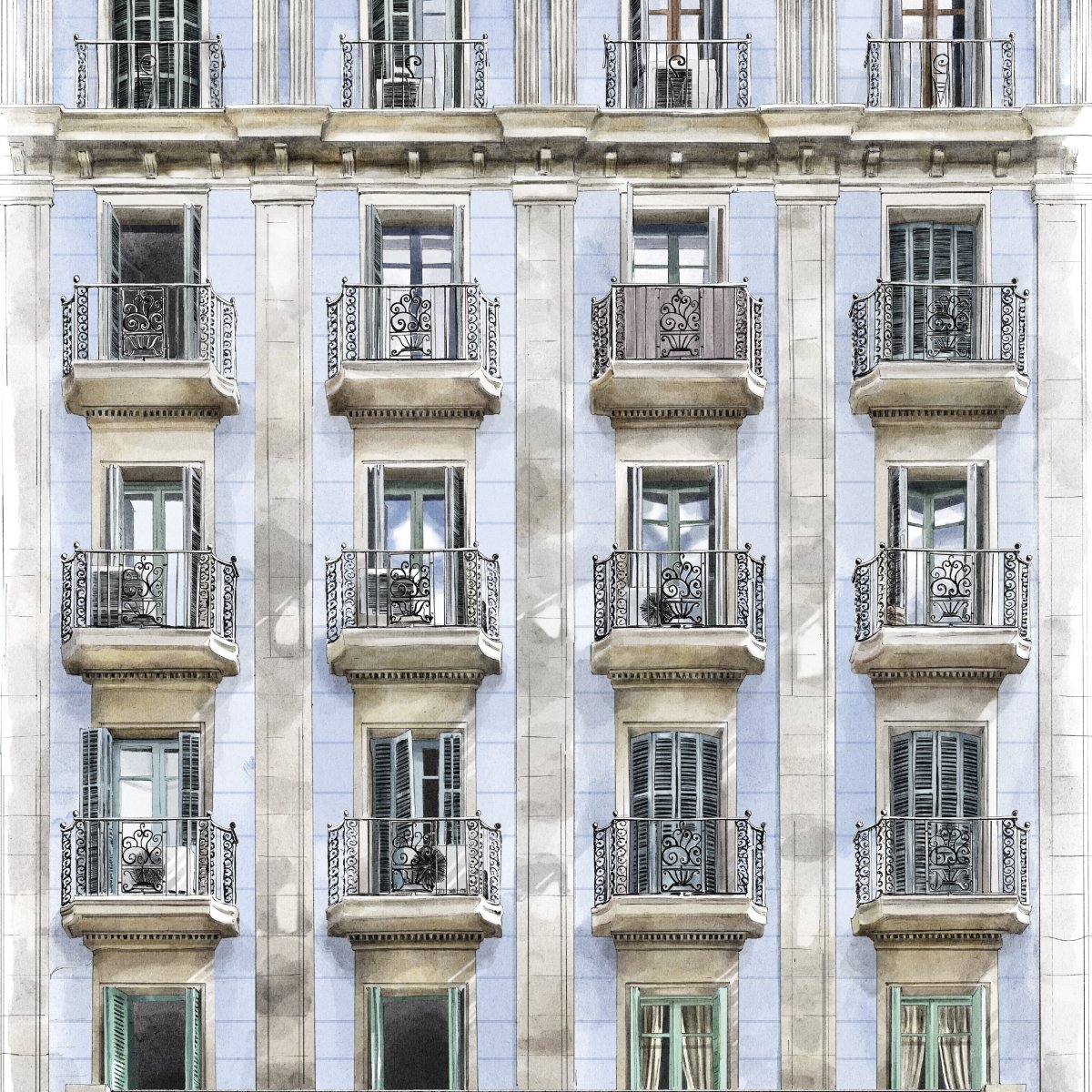 Balcones de Barcelona Azul Art Print - DesignPlace