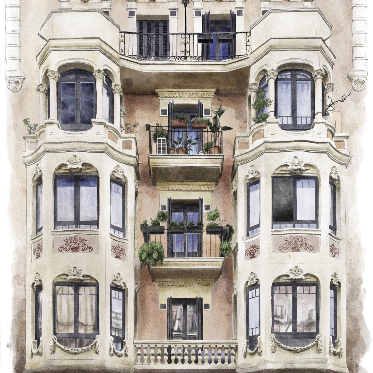 Balcones de Barcelona Crema Art Print - DesignPlace