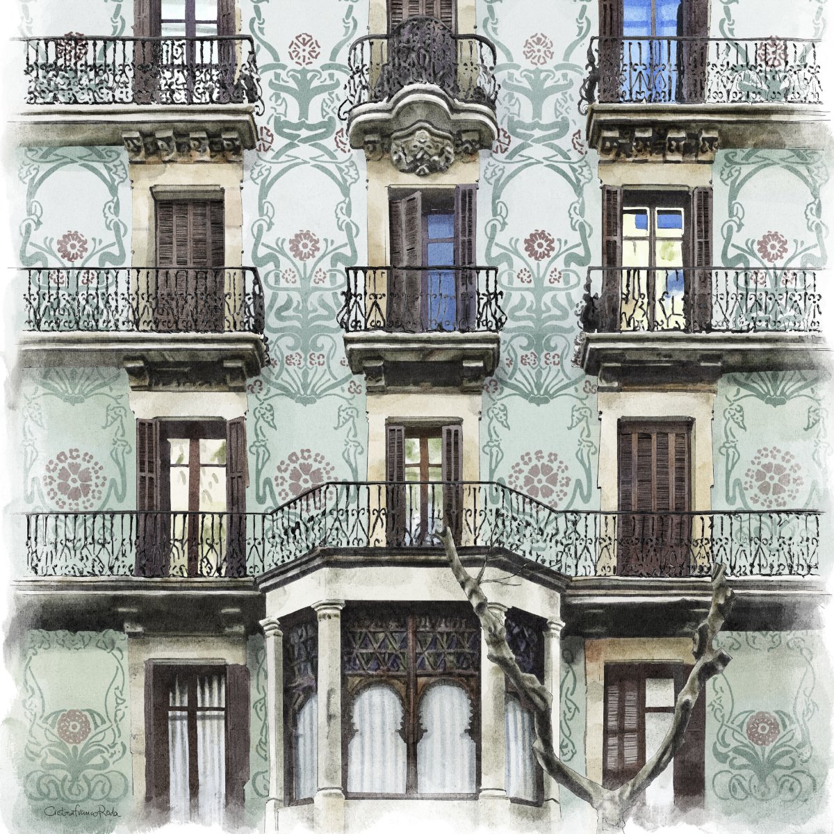 Balcones de Barcelona Verde Art Print - DesignPlace