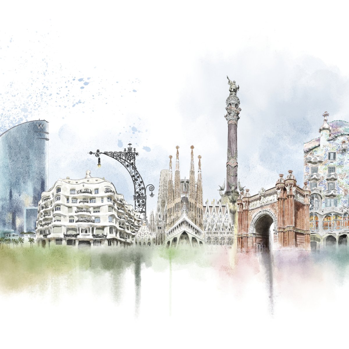 Barcelona Skyline de Acuarela Art Print - DesignPlace