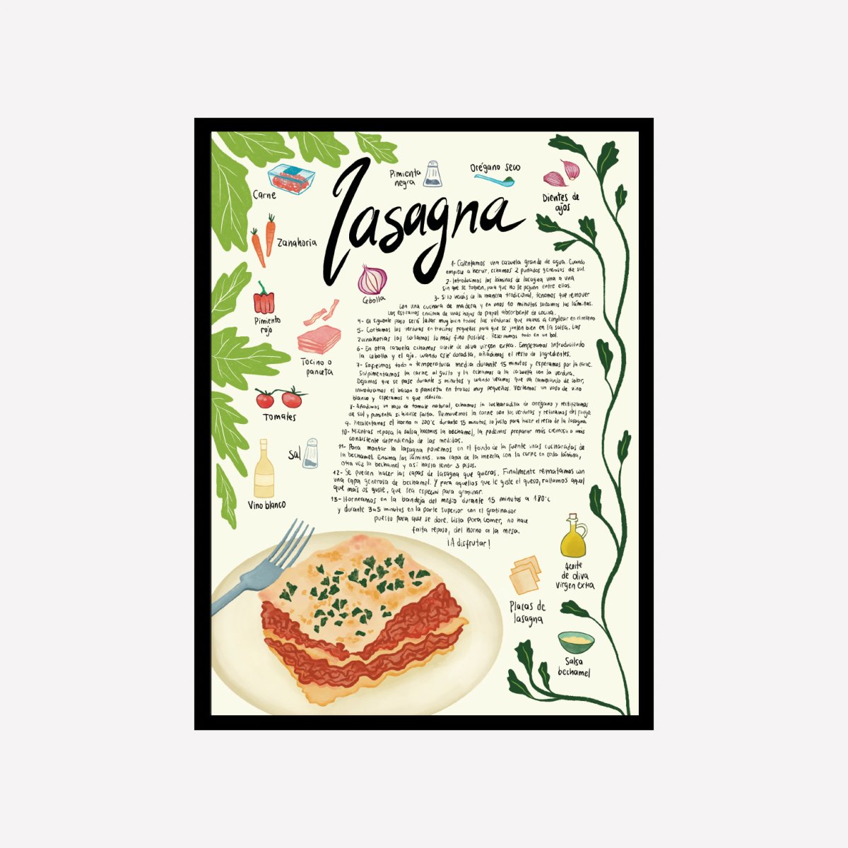 Lasagna Receta Art Print - DesignPlace