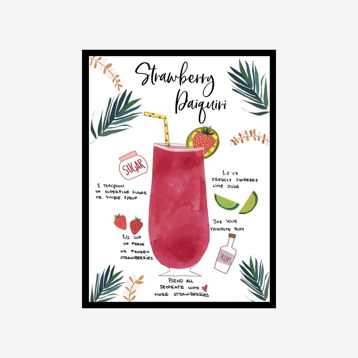 Strawberry Daiquiri Recipe Art Print - DesignPlace